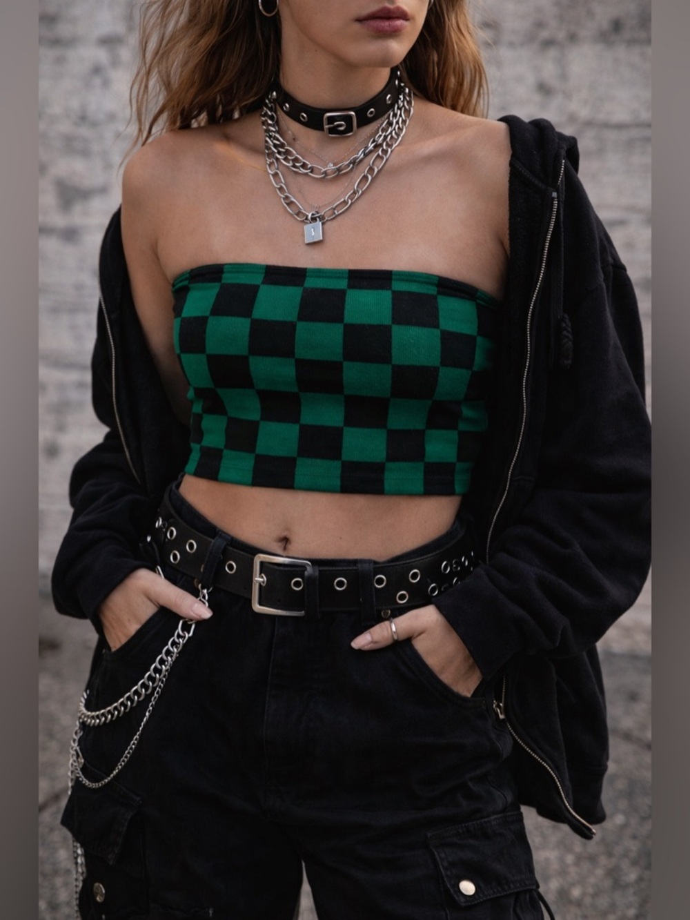 Green Black Checkerboard Tube Top Y2K Strapless Bandeau Festival Small